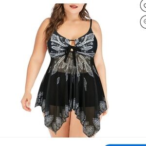 Plus Size V Neck Swimsuit Sexy Mesh Tankini with B/short Tummy Control